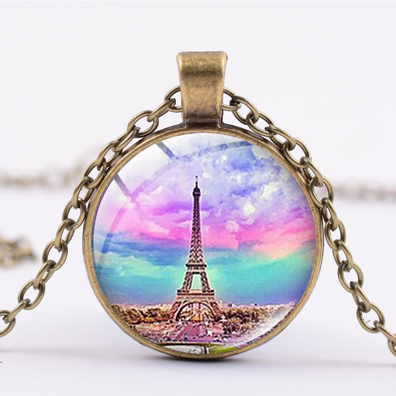 Hot selling Eiffel Tower time gem necklace alloy glass pendant fashion jewelry sweater chain batch