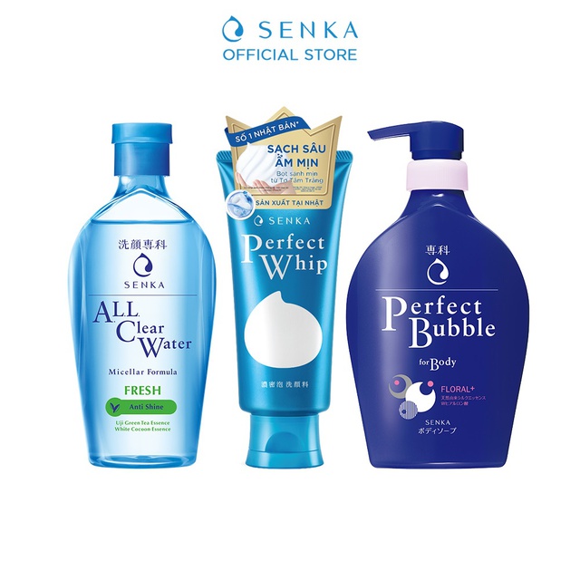Bộ sản phẩm Senka làm sạch ẩm mịn toàn thân và da mặt (Tẩy Trang Fresh 230ml + Whip 120g + Sữa Tắm Senka tươi mát 500ml)