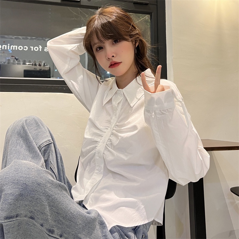 【ZHELIHANGFEI】Áo sơ mi không đều gấp tay dài kiểu dáng trường đại học eo cao