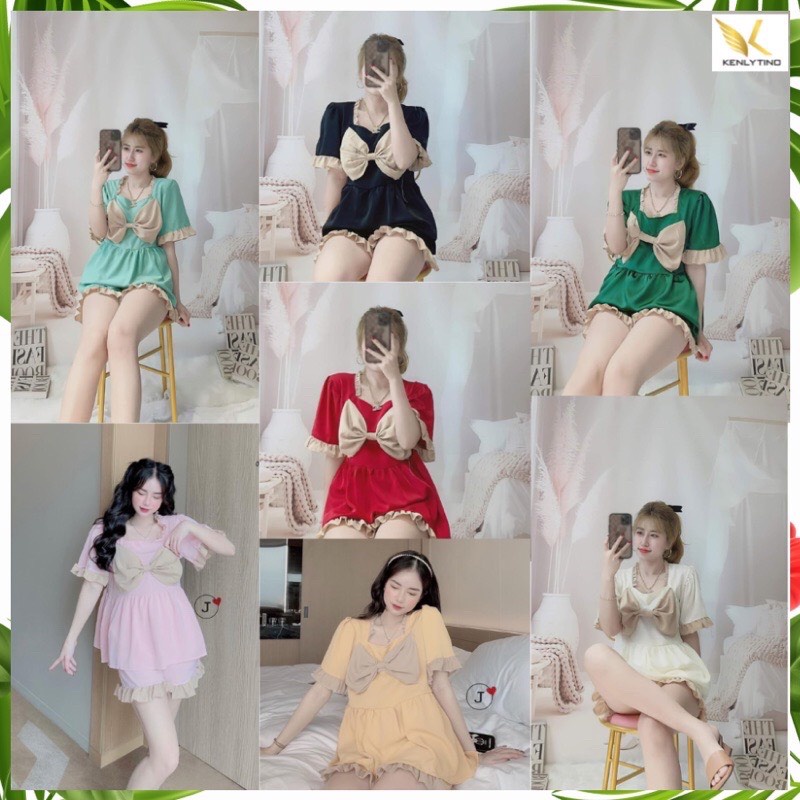 Bộ ngủ pyjama tiểu thư nơ cổ vuông,kate lụa