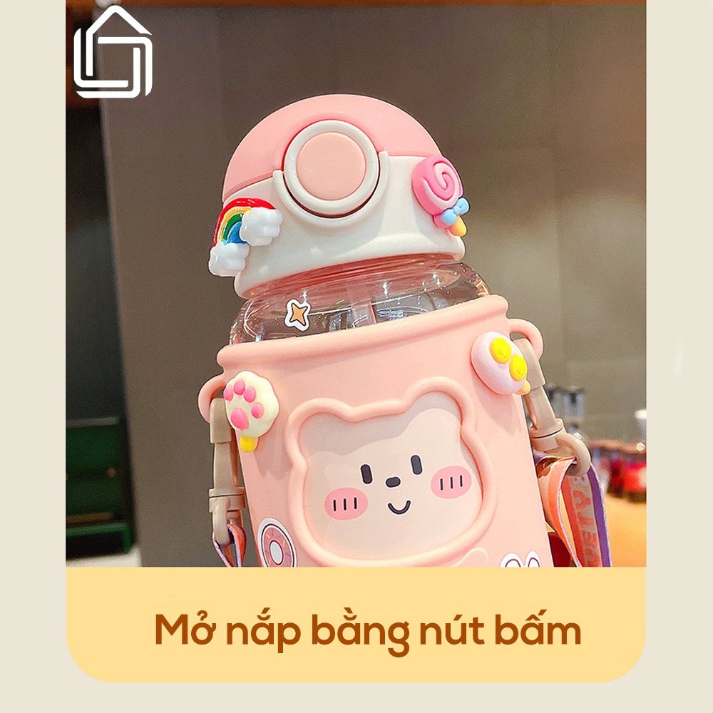 Bình nước cute, bình nước cho bé có quai đeo nắp bật ống hút mềm mại dung tích 620ml - Tặng kèm sticker cực cute