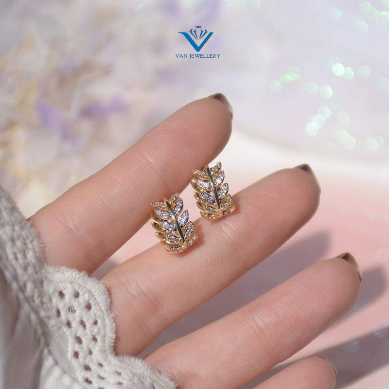 Khuyên tai bạc khuyên tròn sát tai vòng hình lá đính đá thanh lịch van jewelry V10024