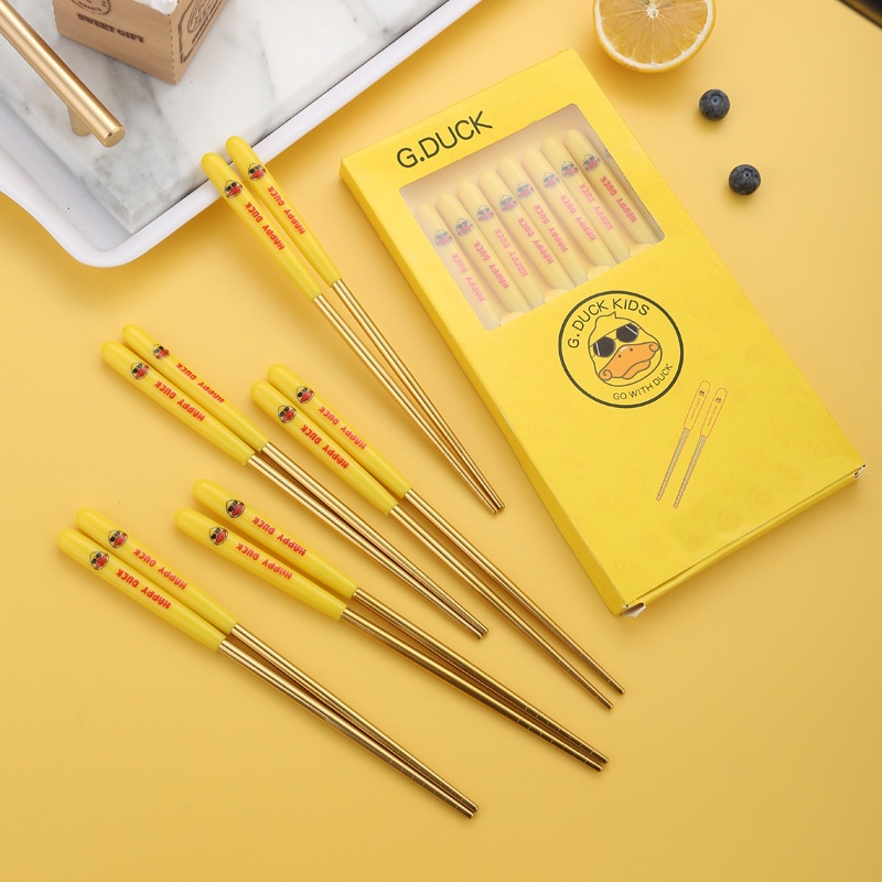 Hộp đũa vịt vàng inox 5 đôi chống trượt chịu nhiệt tốt