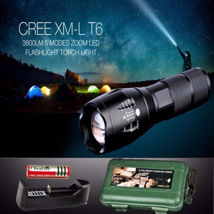 Đèn Pin Siêu Sáng Cao Cấp T6 Hợp Kim Chống Nước Pin Có Thể Sạc Lại Full box