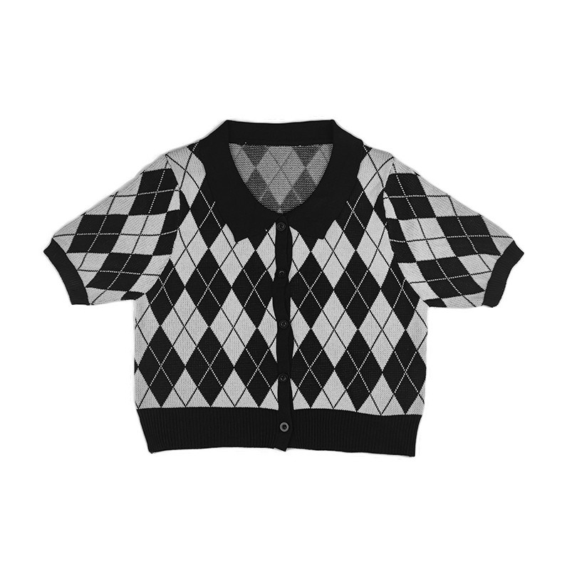 Happy-store ❤️ Áo Cardigan Croptop Dệt Kim Tay Ngắn Cổ Bẻ Kẻ Sọc Phong Cách Cho Phụ Nữ Hàn Quốc Happy Store
