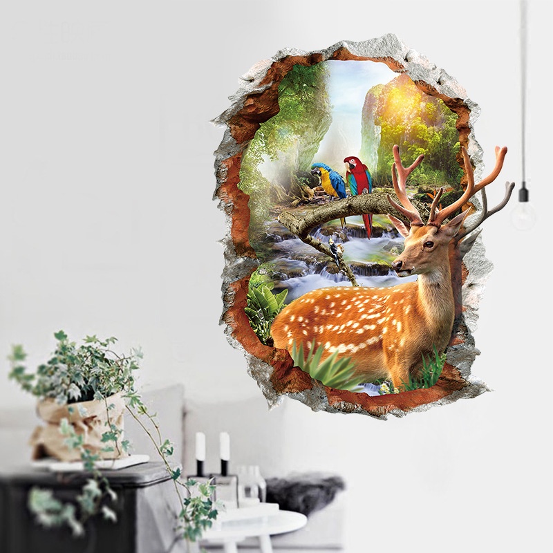 Tranh dán tường Hình lỗ hổng trên tường - Chú hươu KT 55x70cm, Tranh 3D trang trí phòng khách