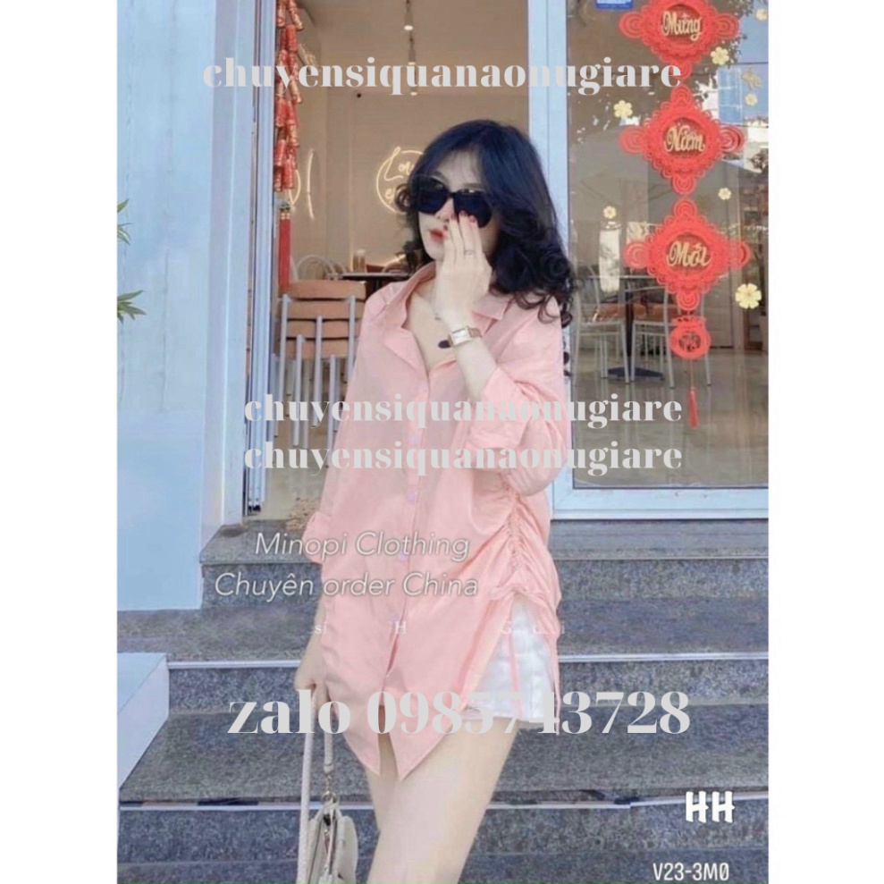 áo sơ mi tay bồng rút eo 2 màu trắng hồng HA00055 chuyensiquanaonugiare