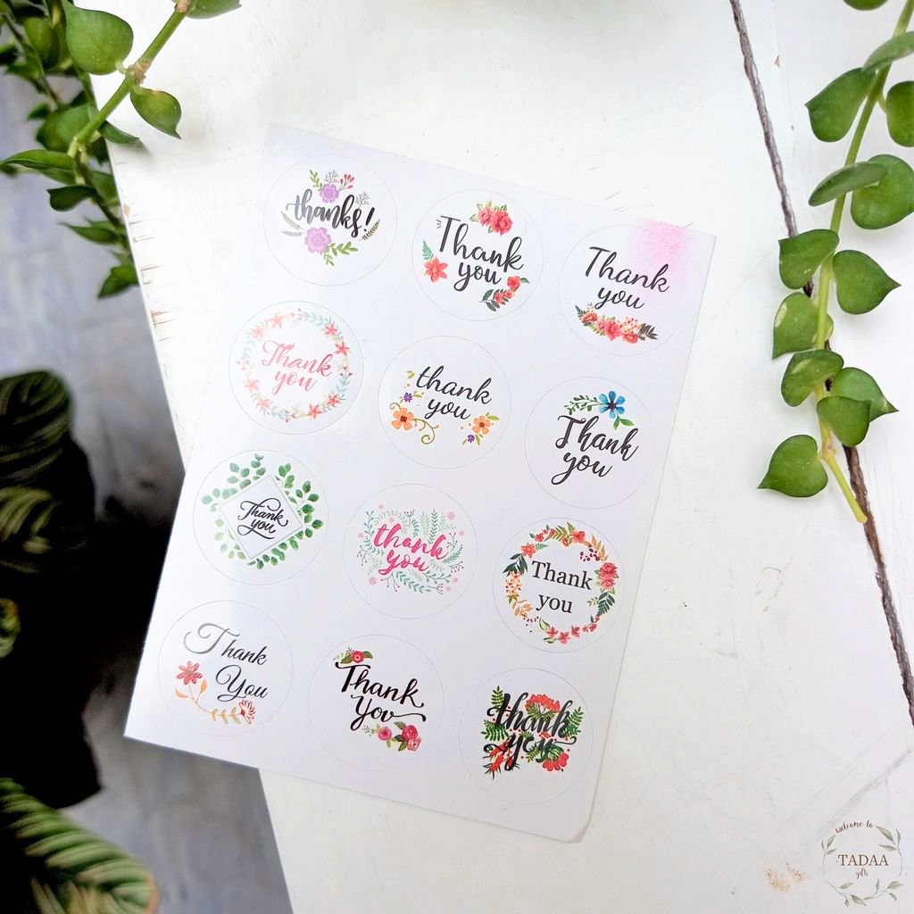 Tem dán, sticker Thank You hoa lá đơn giản dễ thương hình tròn và dài trang trí thiệp sinh nhật, túi quà tặng