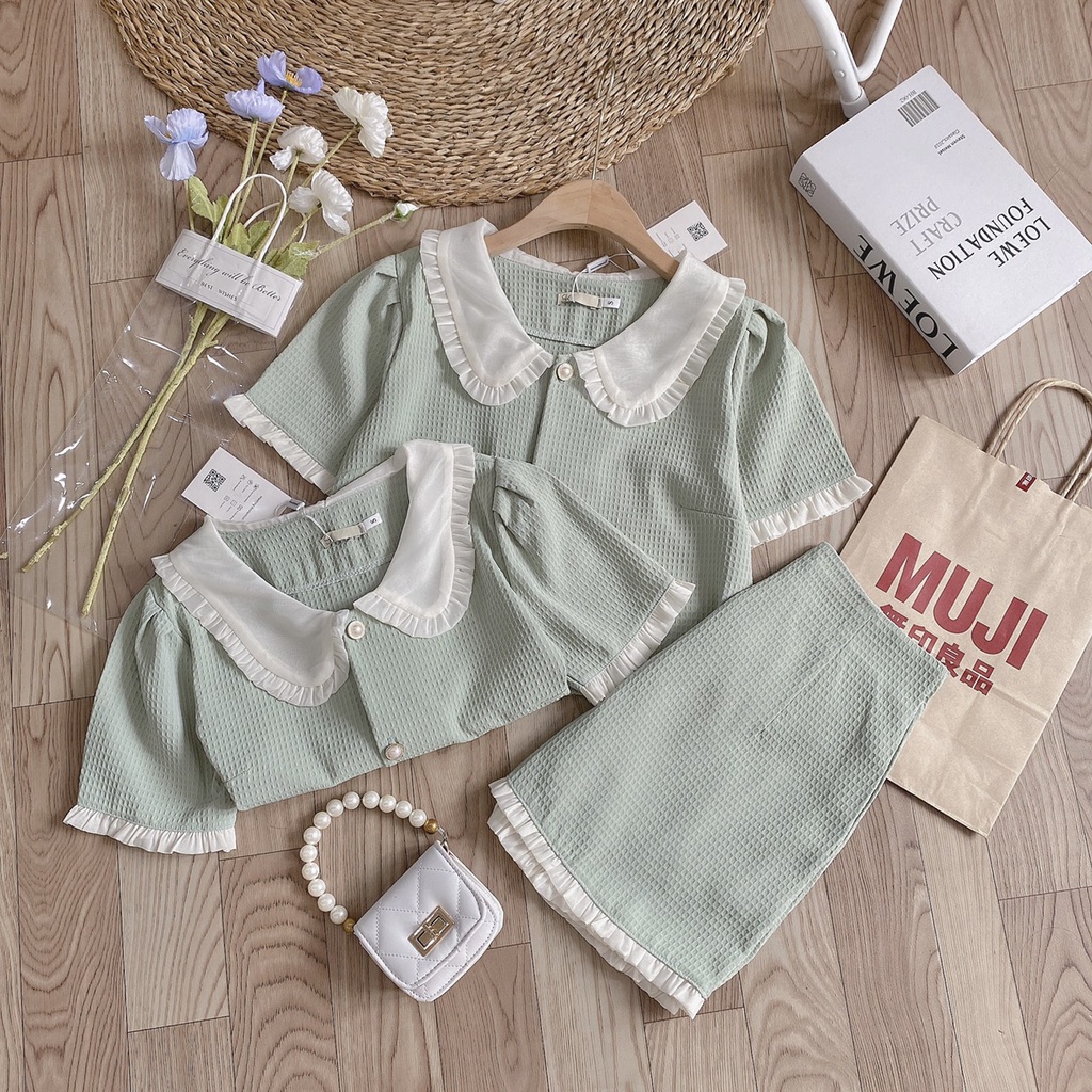 Set bộ chân váy chữ A và áo cổ sen phối bèo màu xanh size SM- ROSE STORE