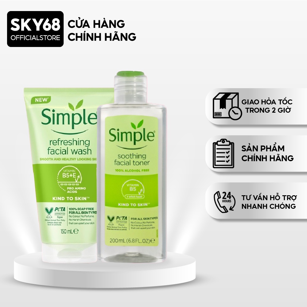 Combo 2 Sản Phẩm Giúp Da Sạch Sâu, Cấp Ẩm Và Cân Bằng Độ pH Cho Da Simple Kind To Skin (Sữa rửa mặt 150ml + Toner 200ml)