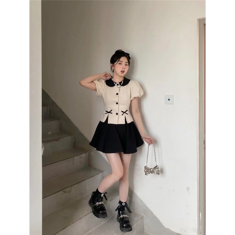 Set Áo Cổ Búp Bê Thắt Nơ Phối Chân Váy Lưng Cao Thời Trang Xinh Xắn Cho Nữ  tao bao