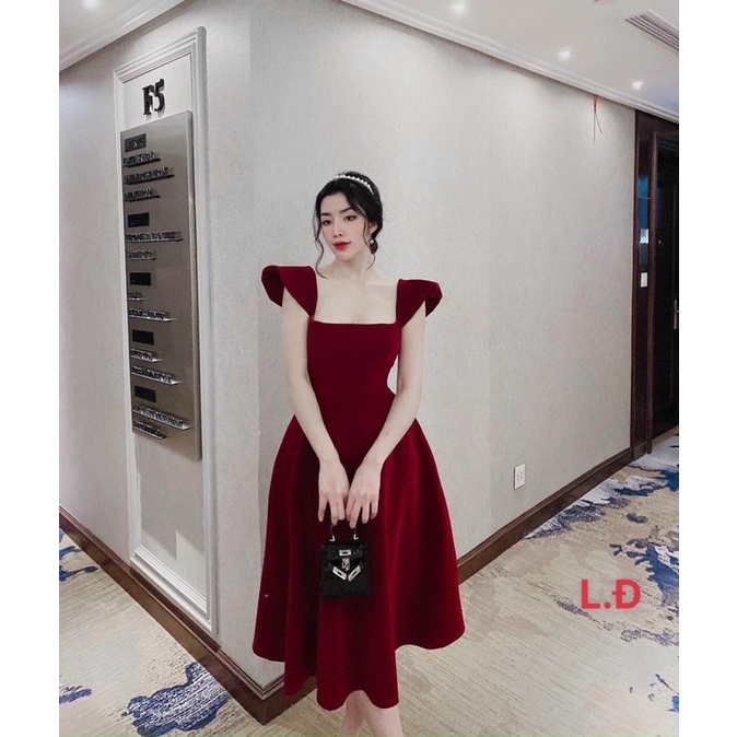 ĐẦM NỮ DÁNG XÒE 2 DÂY SANG TRỌNG DỰ TIỆC 🔥FREESHIP🔥 ĐẦM NHUNG ĐỎ TIỂU THƯ HỞ LƯNG KÈM NƠ EO