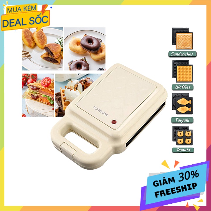 Máy nướng bánh Torsom 4 khuôn làm đồ ăn sáng nướng bánh mì sandwich, waffle, bánh cá