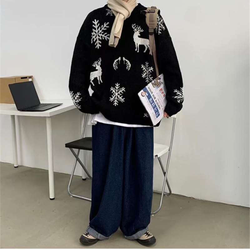 Áo sweater cổ tròn dáng rộng in hình tuần lộc/hoa tuyết giáng sinh phong cách Nhật Bản thời trang cho nam size M-2XL