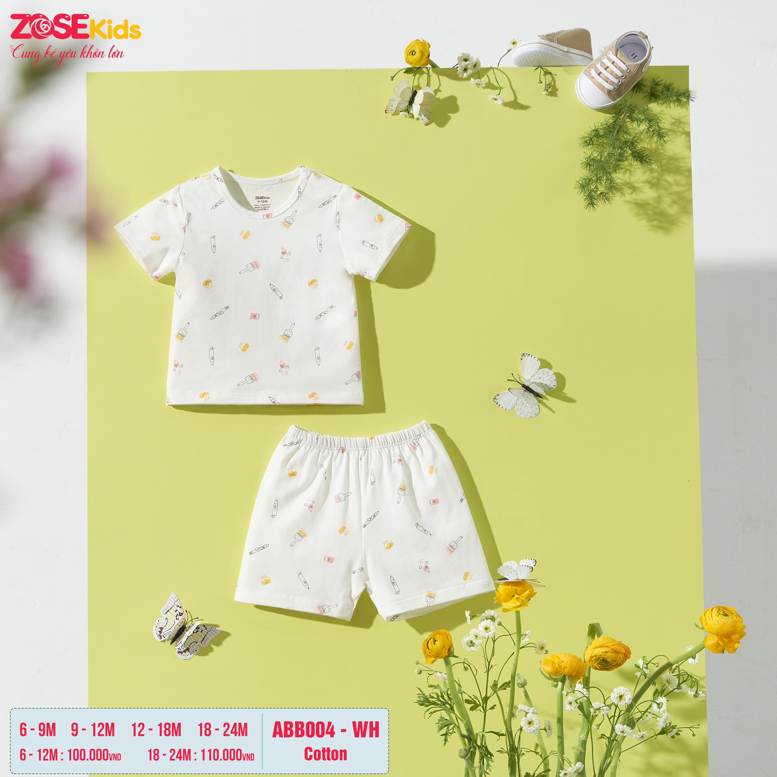 [Chính Hãng] Bộ cộc tay cài vai quần đùi cotton họa tiết trẻ em Zose Kids