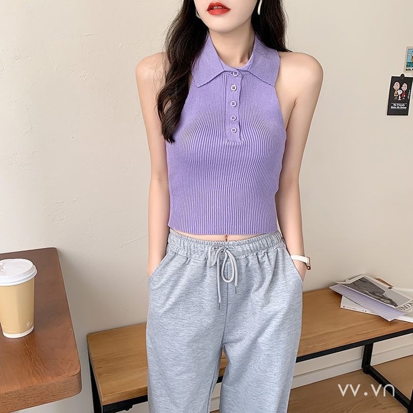 Áo Dệt Kim Sát Nách Cổ polo Dáng Ôm Phong Cách Hàn Quốc Thời Trang Quyến Rũ Cho Nữ