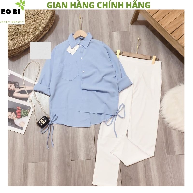 Set Áo sơ mi nữ xanh ngọc rút eo  kèm quần tây vải ống suông mầu trắng cực xinh thanh lịch ulzzang -EOBI | BigBuy360 - bigbuy360.vn