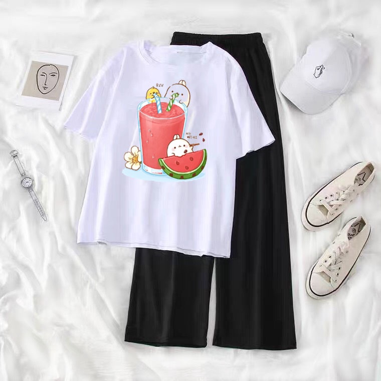 Sét Áo phông mùa hè + quần kẻ màu, Áo thun from rộng, Chất đẹp không xù, quần suông ống rộng, Sét bộ mặc ở nhà - MODY