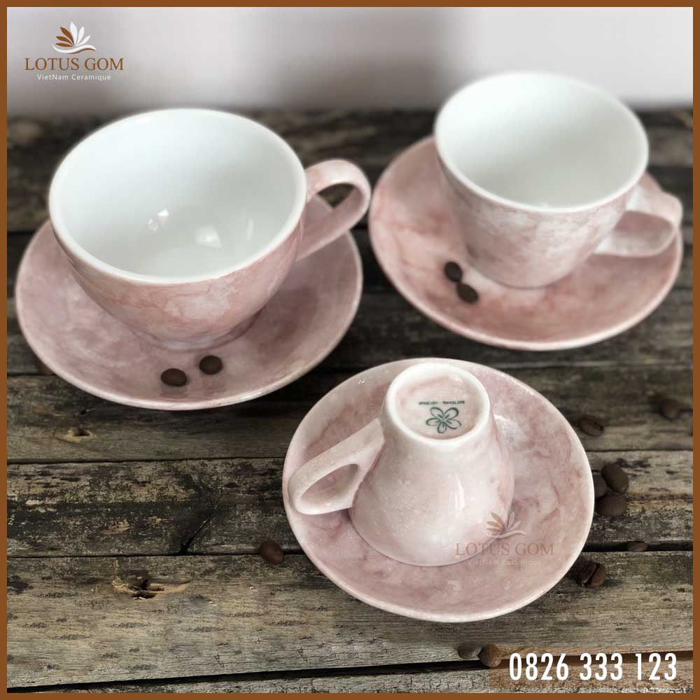 Tách Uống Coffe Đẹp Vintage Bọt Biển Hồng - Ly Sứ Kèm Đĩa Espresso Capuchino Cao Cấp