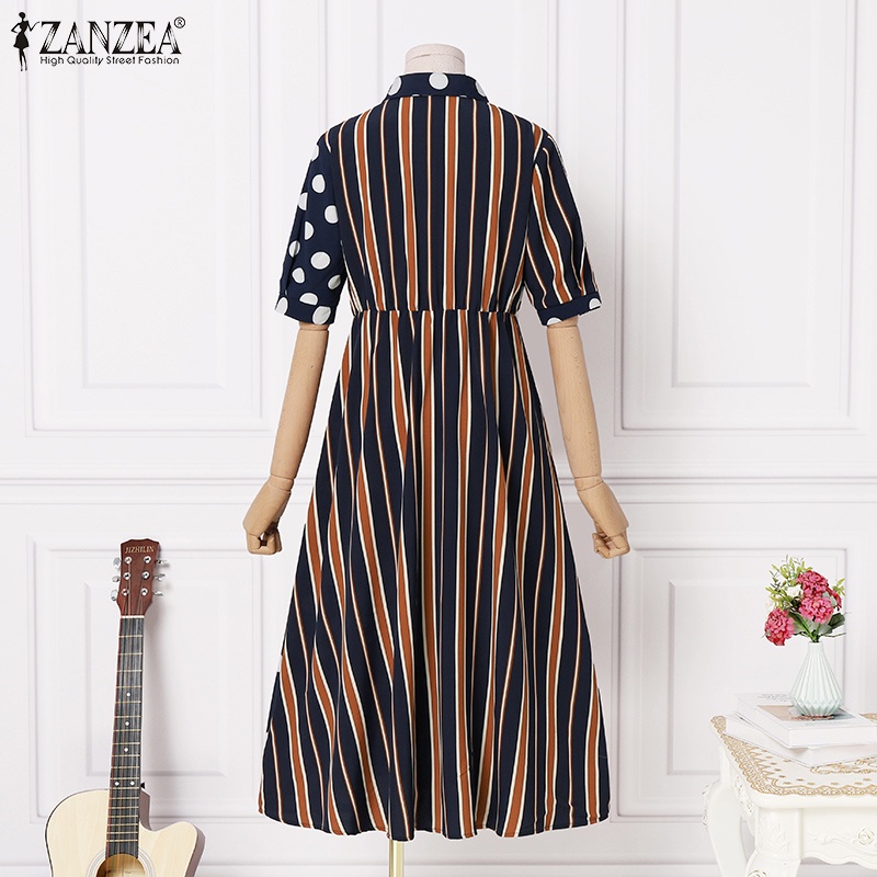 Đầm dài ZANZEA tay ngắn cổ lật họa tiết chấm bi thời trang dành cho nữ