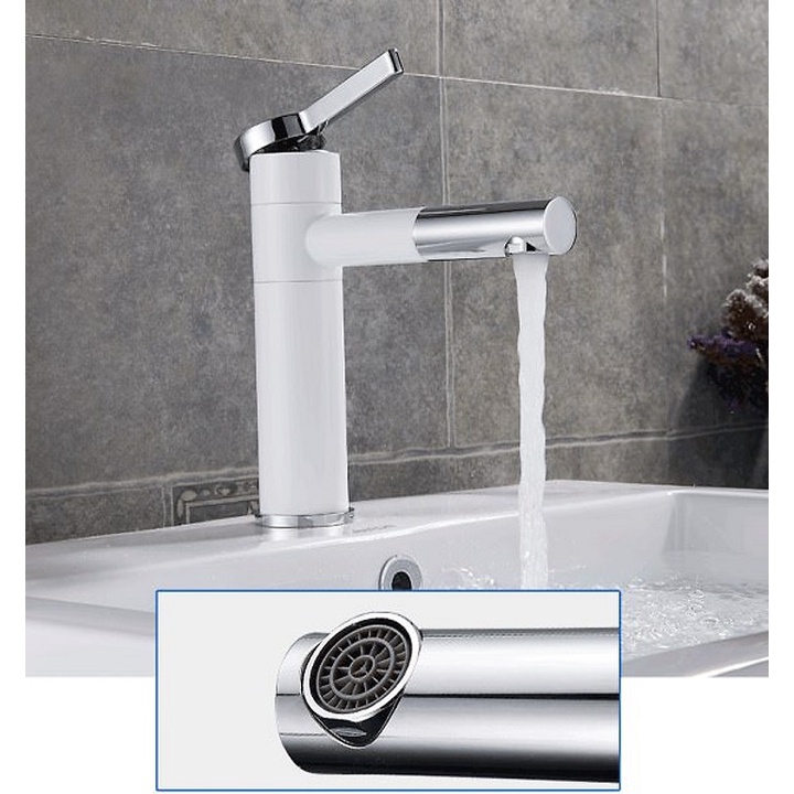 Vòi Lavabo, vòi chậu rửa mặt nóng lạnh điếu mỏ xi sơn tính điện Trắng Bạc chất liệu đồng cao cấp