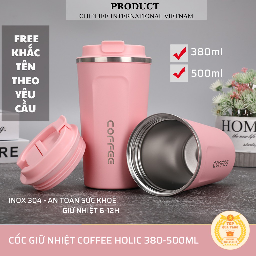 Ly giữ nhiệt coffee 380ml - 500ml | FREE KHẮC TÊN | Cốc cà phê giữ nhiệt màu HỒNG siêu cute phong cách hàn quốc