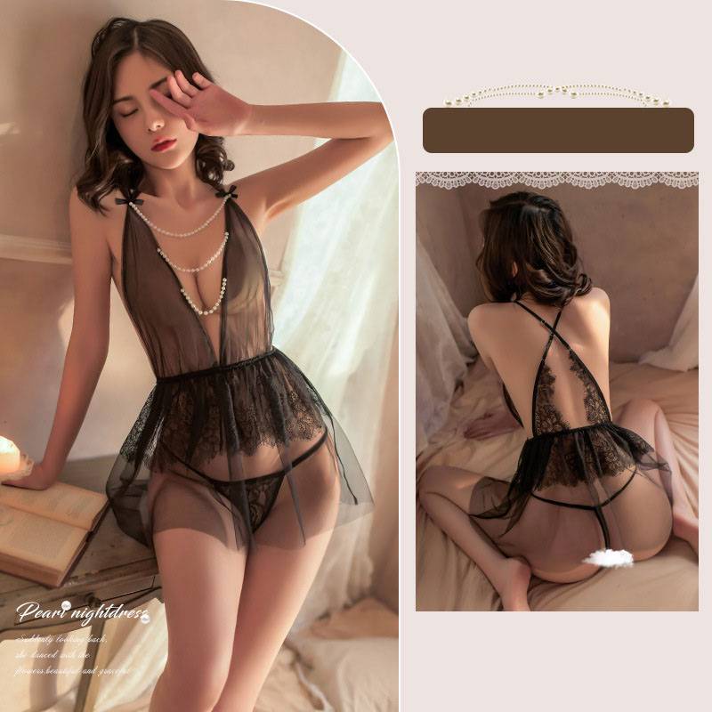 Đầm ngủ ren lưới cổ chữ V khoét sâu thiết kế ngọt ngào quyến rũ cho nữ