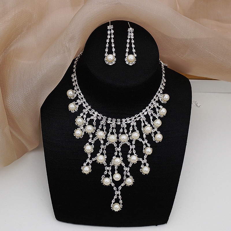 Set Vòng cổ Và Đôi Khuyên Tai Đính Ngọc Trai Thiết Kế Thời Trang