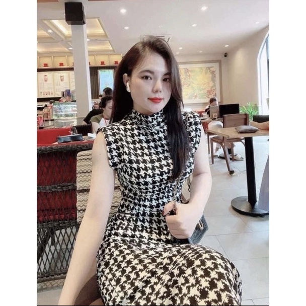 Váy dài liền thân hoạ tiết houndstooth răng cưa shein auth
