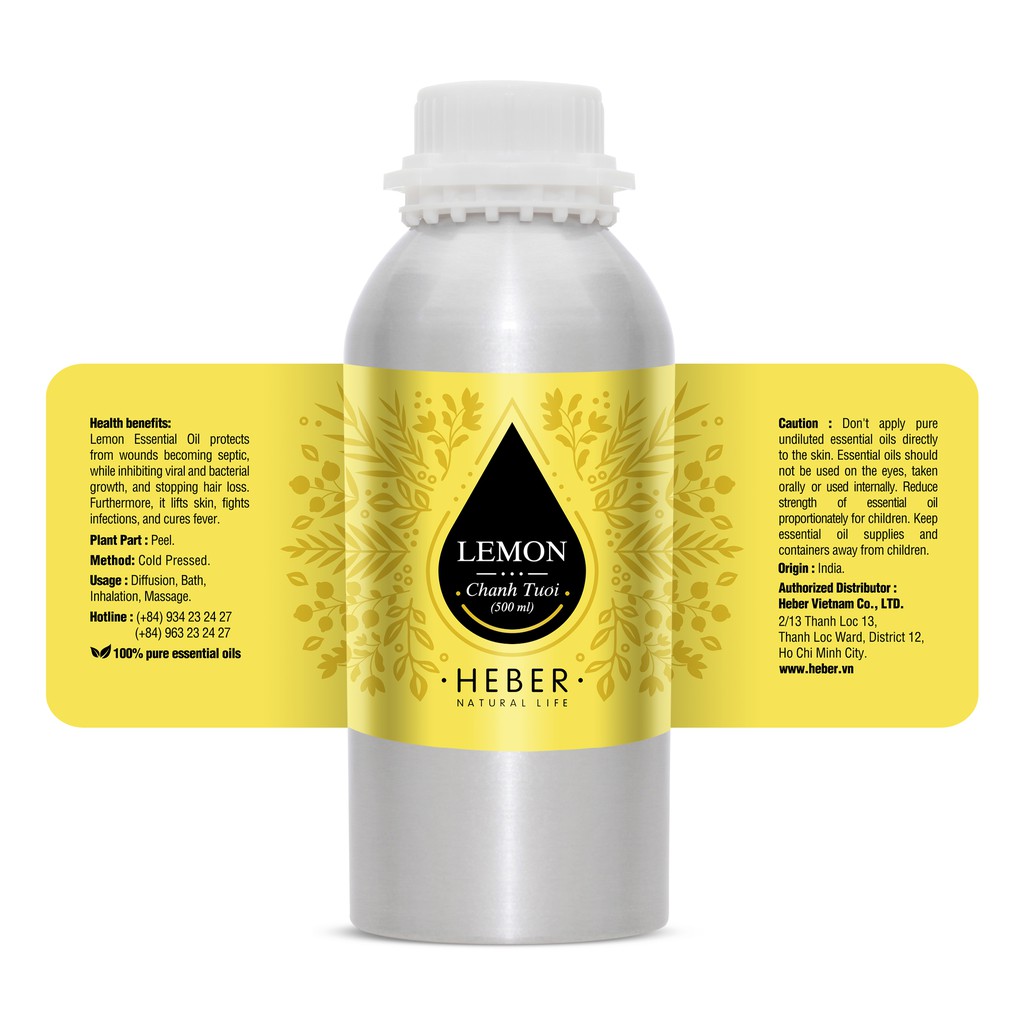 (Chai Lớn 500ml/1000ml)Tinh Dầu Chanh Tươi Lemon Heber Natural Life, Cao Cấp Nhập Khẩu, Thiên Nhiên Nguyên Chất