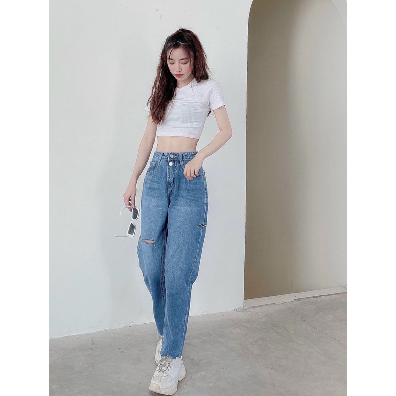Quần jean nữ baggy ống bo rách gối , chất vải Jean Denim không co giãn, dày bền màu AnNgo - AT135