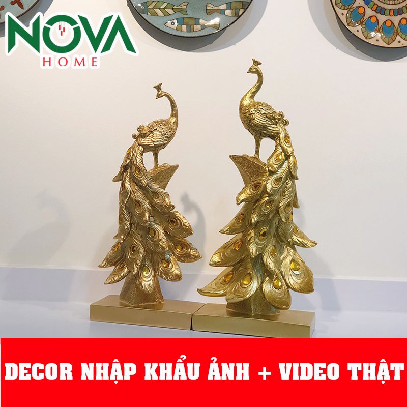 Tượng Decor cao cấp BỘ KHỔNG TƯỚC VÀNG trang trí phòng khách sang trọng, đẳng cấp, Hàng nhập khẩu tinh xảo Size Lớn