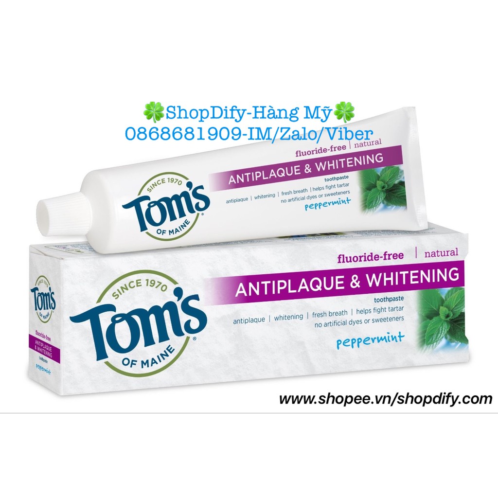 Kem đánh răng tự nhiên của Mỹ làm trắng răng, loại bỏ mảng bám Tom's of Maine Antiplaque & Whitening Fluoride-free 155g