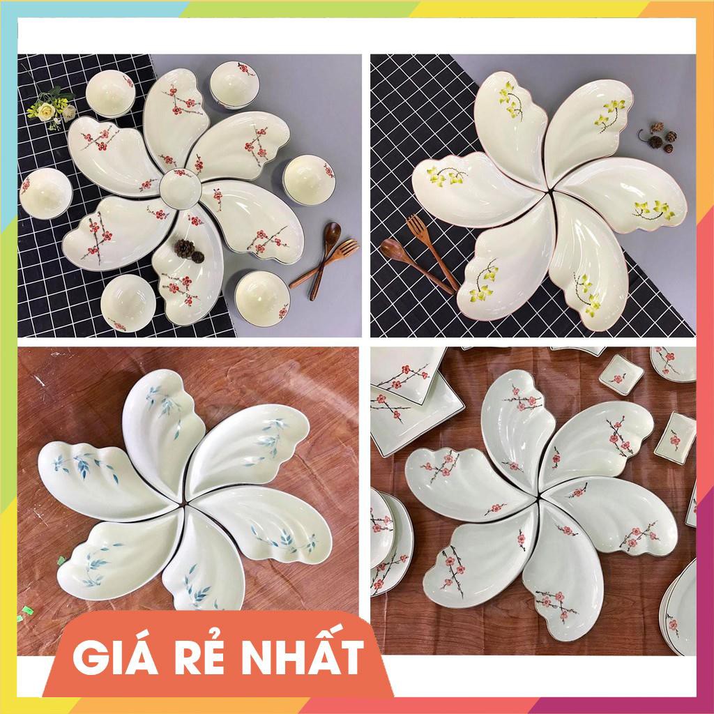 (HOT - SIÊU ĐẸP) Bộ đĩa lá đựng thức ăn hình cánh tiên gốm sứ Bát Tràng vẽ hoa văn