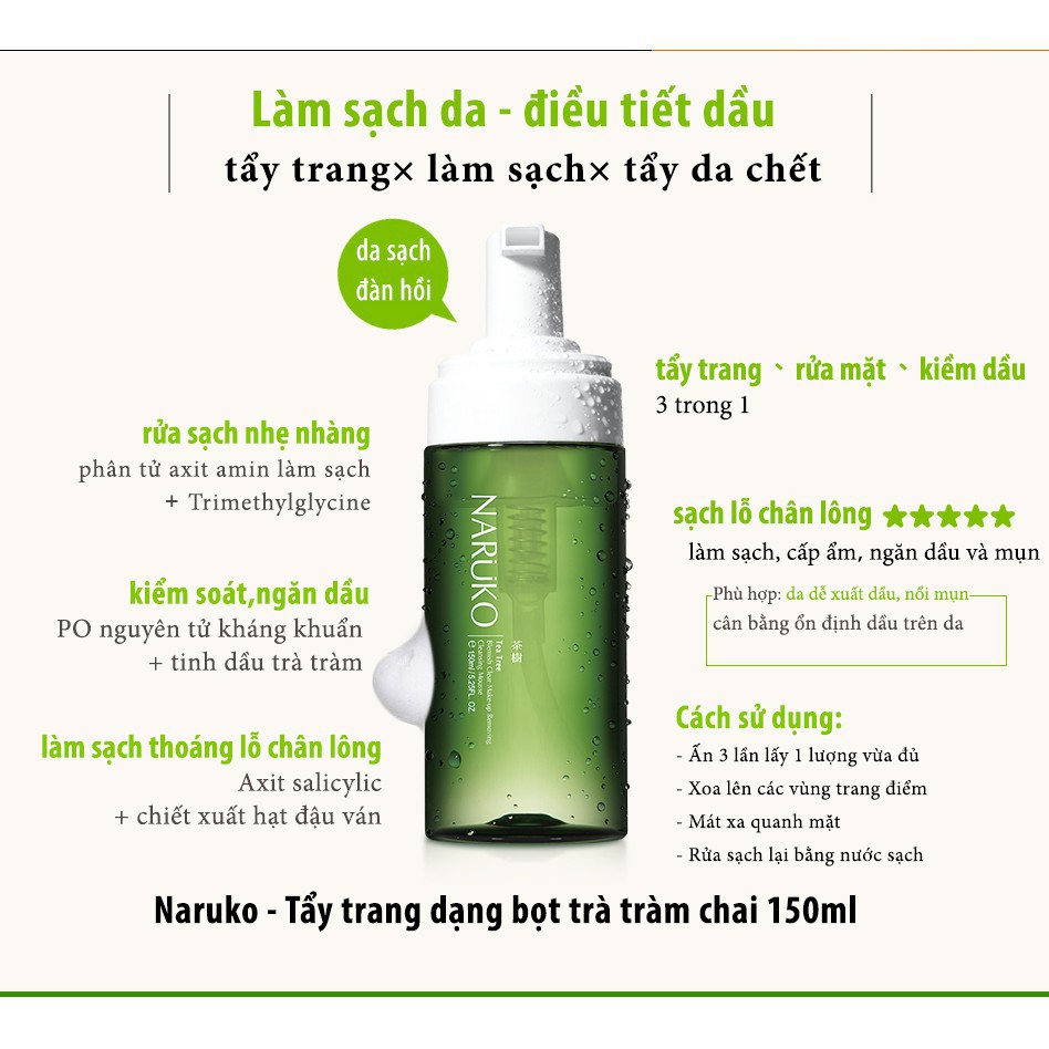 Nước tẩy trang dạng bọt Naruko Tràm Trà Tea Tree Blemish Clear Makeup Removing Cleansing Mousse 150 ml