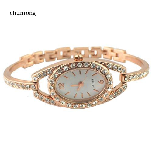CHU_Lady's Fashion Minimalism Shiny Rhinestone Golden Tone Stainless Steel Wrist Watch