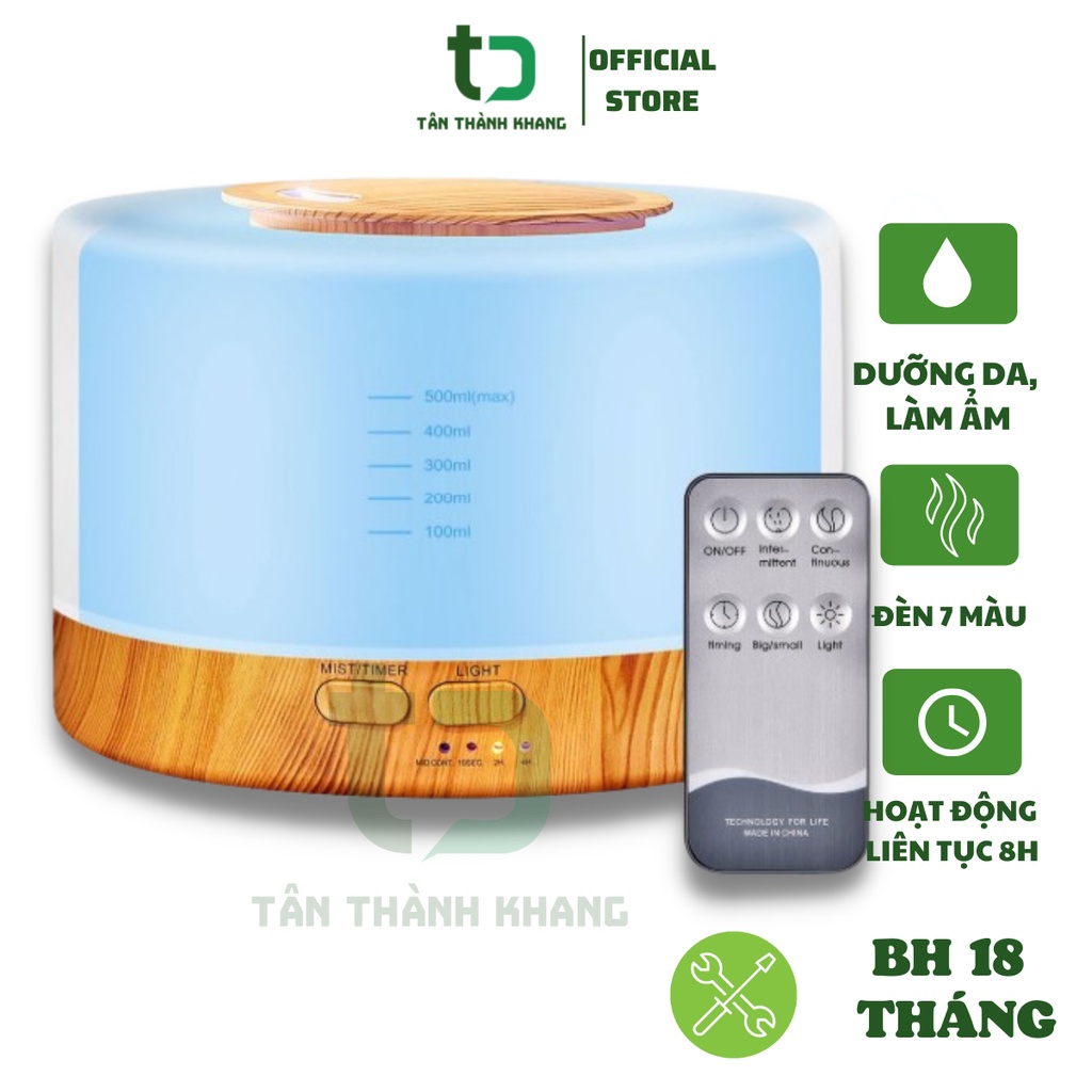 Máy xông tinh dầu trụ loa gỗ_xông và nghe nhạc_500ml_có điều khiển, đèn led đổi 7 màu, 2 chế độ phun_bảo hành 12 tháng