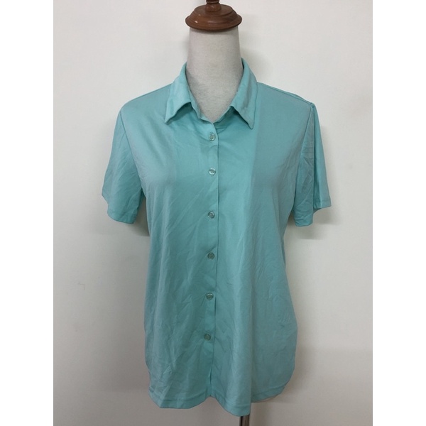 size L áo thun thể thao kiểu sơ mi cài cúc nữ màu xanh ngọc 2hand mới đét