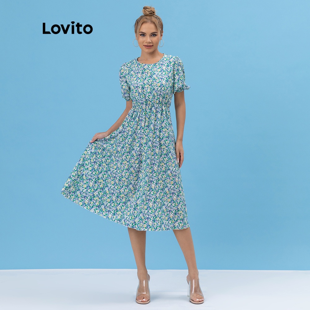  Đầm Lovito in hoa tay phồng L06052 (màu xanh dương) | BigBuy360 - bigbuy360.vn