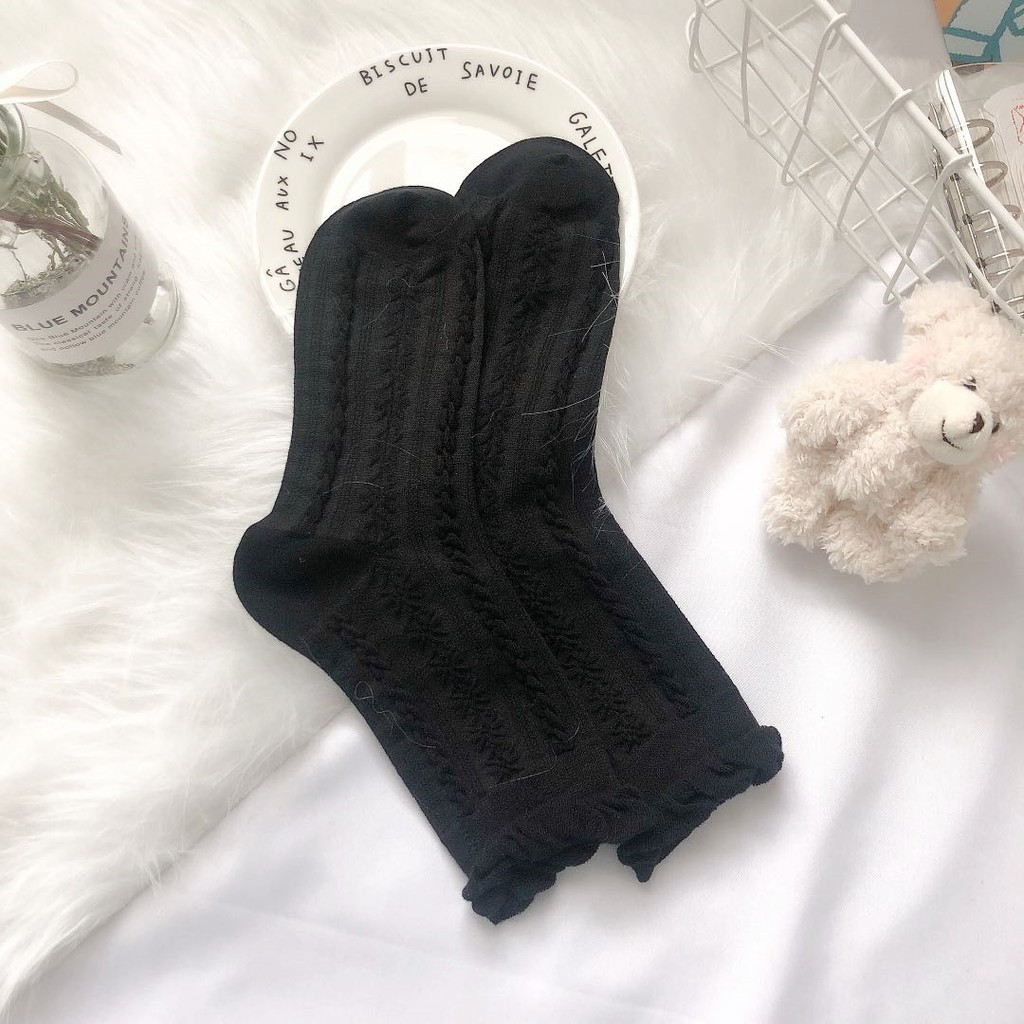 Tất Lolita cổ cao nữ Màu trơn Họa tiết Cổ bồng Dễ thương Hàn Quốc Vớ Nữ cao cổ Cotton Cute Nhật Bản