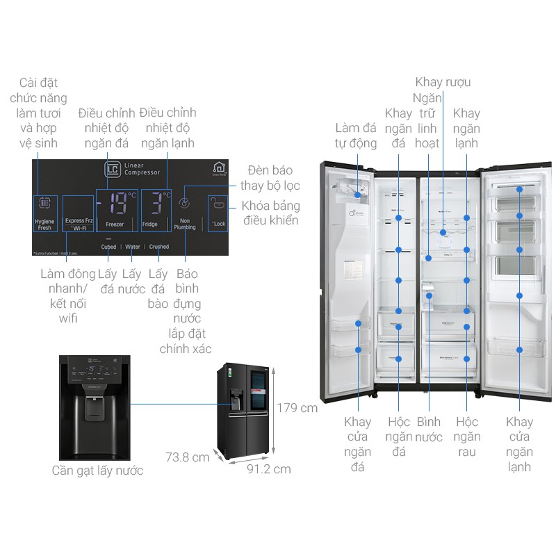 [Mã ELMALL1TR giảm 5% đơn 3TR] Tủ lạnh side by side LG Inverter 601L X247MC - bảo hành chính hãng 24 tháng