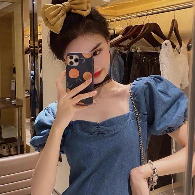 Đầm xanh nữ dáng a midi tay ngắn hở lưng Emilyshop