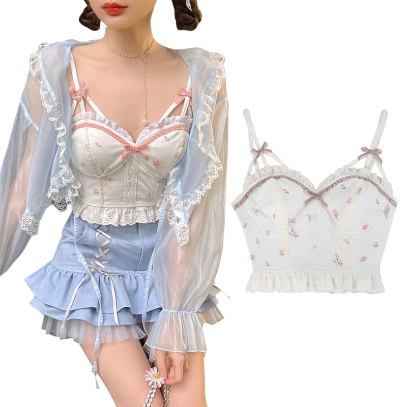 Áo Croptop Hai Dây Cột Nơ Họa Tiết Hoa Xinh Xắn Cho Nữ