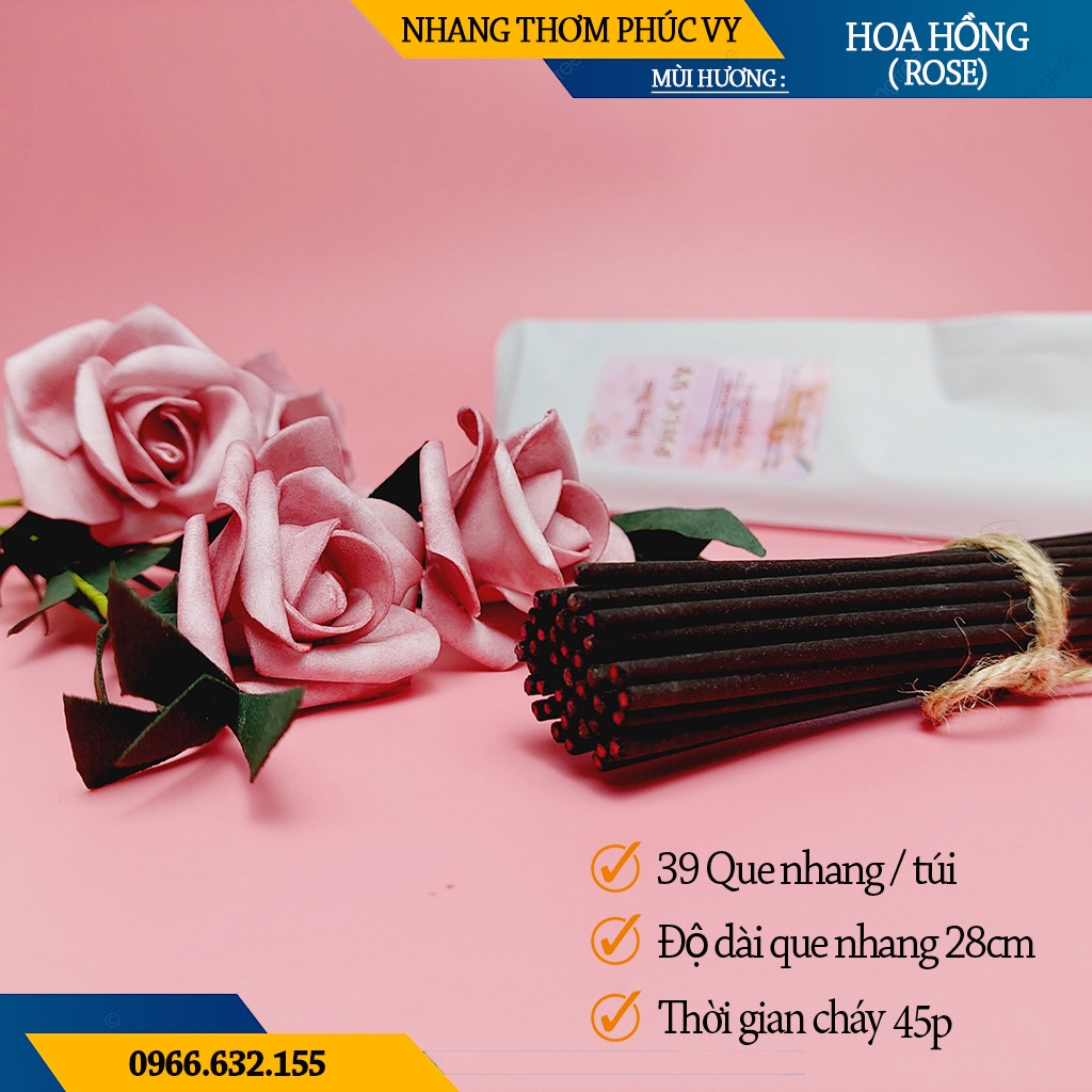 Nhang Thơm Phúc Vy Hương Hoa Hồng Rose - Túi 39 Cây 28cm, Ít Khói, Thơm Nhẹ, Dễ Chịu, Không kích mũi