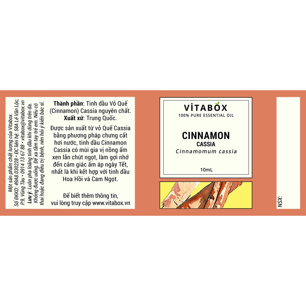 Tinh Dầu Vỏ Quế (Cinnamon Cassia) - 100% Thiên Nhiên Nguyên Chất - Vitabox Natural Essential Oil
