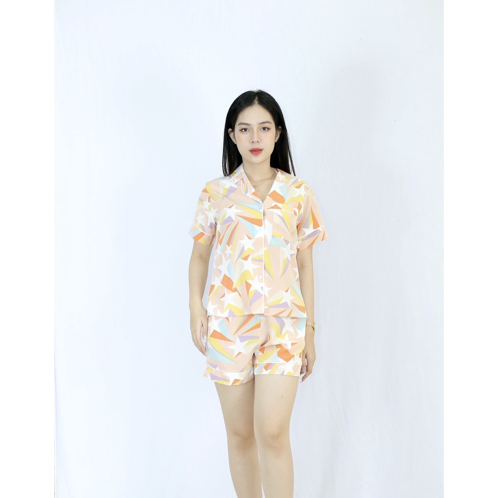 Bộ đồ bộ Pijama nữ ngắn D45 HỒNG NHẠT HÌNH NGÔI SAO - Lụa 108 - Cực Kì Sang Chảnh