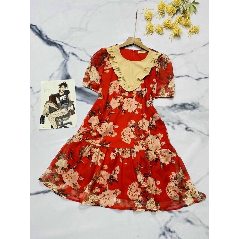 Đầm VINTAGE 2 Tầng Tay Ngắn Cổ Tròn Cao Cấp - Váy Tầng Chất Liệu VOAN Lụa Phối Họa Tiết Hoa cỏ mùa xuân | BigBuy360 - bigbuy360.vn