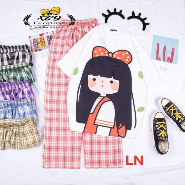 Sét áo cô bé tóc dài + quần kẻ ,Áo thun from rộng, Chất đẹp không xù, quần suông ống rộng, Sét bộ mặc ở nhà - MODY