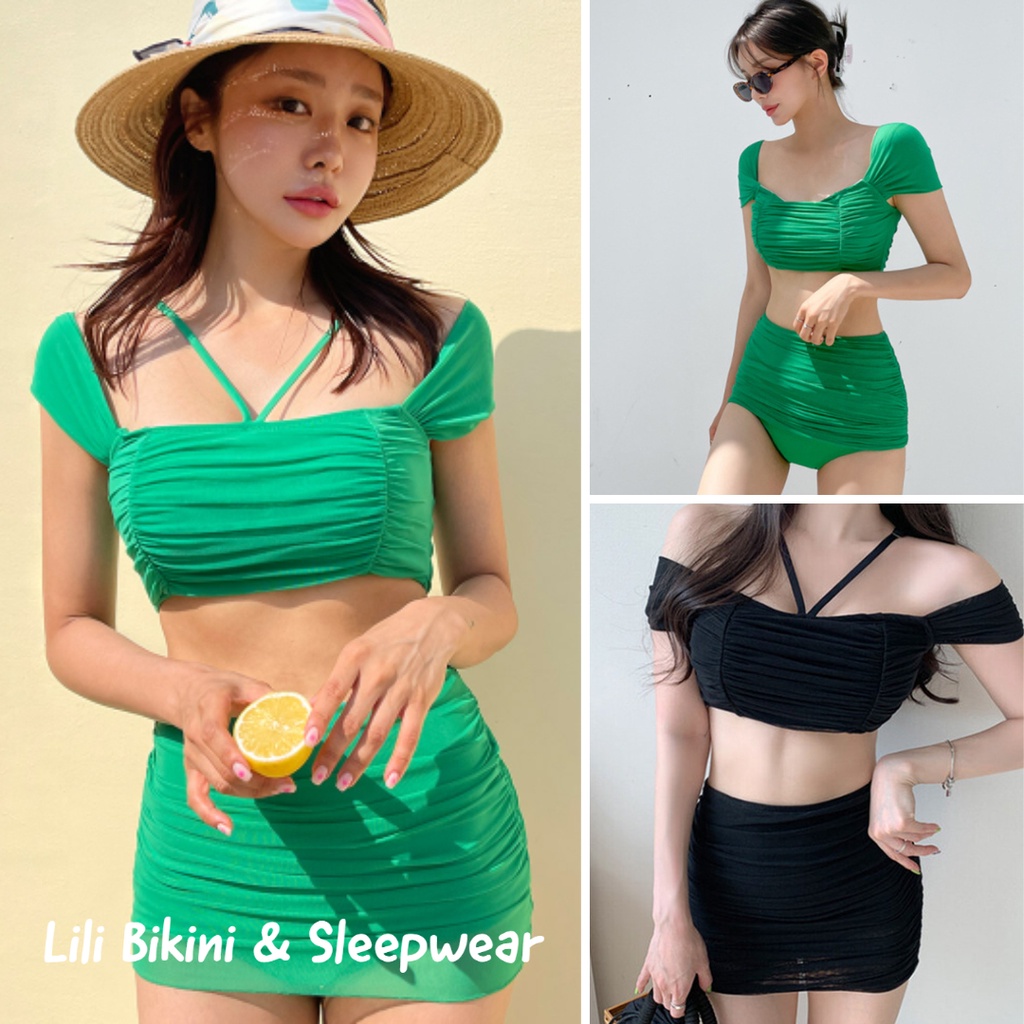 Bikini Hàn Quốc cao cấp váy quần mặc được nhiều kiểu, đồ bơi 2 mảnh xanh lá, đen cạp cao che bụng đi biển