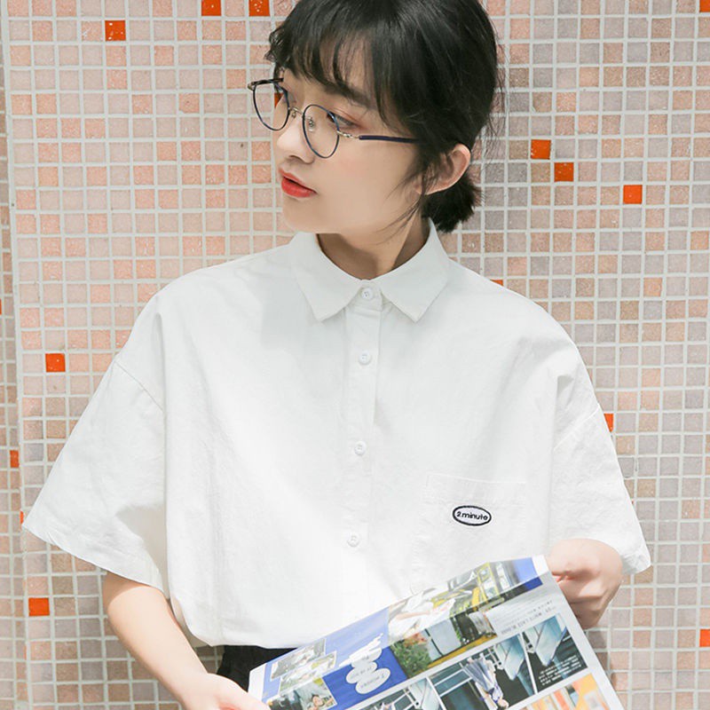 Áo sơ mi nữ tay ngắn cổ tròn đơn giản thời trang phong cách công sở
